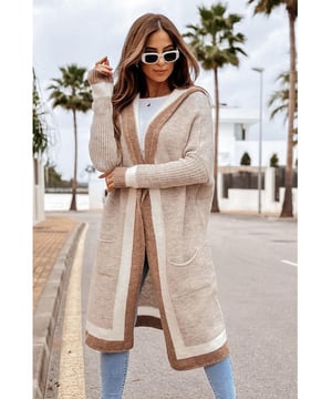 Gepofte Contrast Lange Mouwen Hoodie Cardigan  
Materiaal samenstelling: 65% acryl 35% polyamide  
Gemiddelde rek  
Verzorgingsinstructies: Machinewas koud, laag in de droger  
Geïmporteerd  
Één maat: Toplengte 90 cm, Buste 122 cm, Mouwlengte 41 cm  