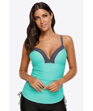 Tipo de parte superior: Sin aros  
Almohadilla de pecho: Con almohadillas removibles  
Tipo de patrón: Contraste  
Estilo: Playa al aire libre  
Características: Con cordón  
Escote: Escote corazón  
Composición del material: 82% nailon 18% spandex  
Elasticidad: Elasticidad moderada  
Instrucciones de cuidado: Lavar a máquina en frío. Secar en secadora a baja temperatura.  
Importado  
Medidas del producto: S: longitud delantera 15 in, longitud trasera 14 in, bajo busto 26 in  
Medidas del producto: M: longitud delantera 15 in, longitud trasera 14 in, bajo busto 27 in  
Medidas del producto: L: longitud delantera 15 in, longitud trasera 15 in, bajo busto 30 in  