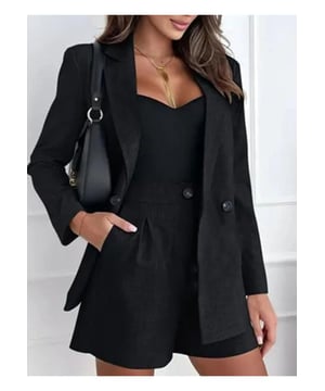One Button Lapel Collar Blazer and Shorts Set
  Buttoned blazer with lapel collar
  Practical pockets on blazer
  Two
  piece set including blazer and shorts
  Made from 100% polyester
  No stretch material
  Machine wash cold tumble dry low
  Imported