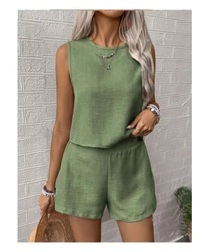 Basic style
  Two
  piece set
  Round neck sleeveless top
  Shorts included
  100% polyester
  Machine wash cold
  Tumble dry low
  Imported