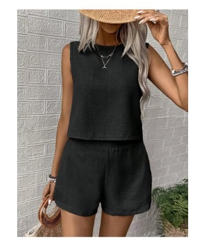 Basic style
  Two
  piece set
  Round neck sleeveless top
  Shorts included
  100% polyester
  Machine wash cold
  Tumble dry low
  Imported