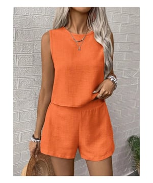 Basic style
  Two
  piece set
  Round neck sleeveless top
  Shorts included
  100% polyester
  Machine wash cold
  Tumble dry low
  Imported