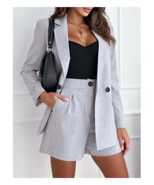One Button Lapel Collar Blazer and Shorts Set
  Buttoned blazer with lapel collar
  Practical pockets on blazer
  Two
  piece set including blazer and shorts
  Made from 100% polyester
  No stretch material
  Machine wash cold tumble dry low
  Imported