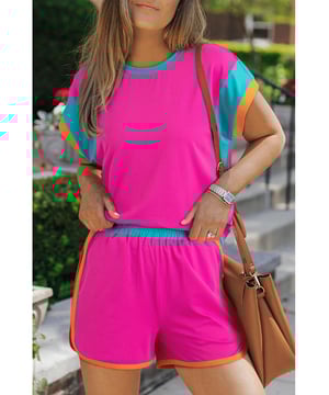 Basic style two
  piece set
  No stretch material
  95% polyester 5% elastane composition
  Contrast round neck top
  Relaxed fit shorts
  Machine wash cold tumble dry low
  Imported