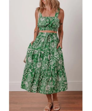Floral Print Shirred Crop Top and Midi Skirt Set
  Two
  piece set
  Tiered design
  Made from 100% cotton
  No stretch material
  Machine wash cold
  Tumble dry low
  Imported
