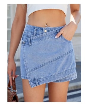 Asymmetrical design
  No stretch
  95% rayon 5% polyester
  Machine wash cold
  Tumble dry low
  Imported
  Available in sizes S to 2XL
  Size S: Waist 27.6 inches Hip 40.2 inches Bottom Length 13.8 inches
  Size M: Waist 29.5 inches Hip 42.1 inches Bottom Length 14.2 inches
  Size L: Waist 31.5 inches Hip 44.1 inches Bottom Length 14.6 inches
  Size XL: Waist 34.6 inches Hip 47.2 inches Bottom Length 15 inches
  Size 2XL: Waist 37.8 inches Hip 50.4 inches Bottom Length 15.4 inches
Material: Denim