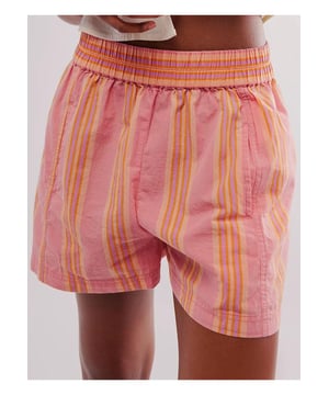 Pantalones cortos de cintura elástica a rayas  
Diseño con bolsillos  
Translúcido opaco  
Composición del material: 65% poliéster 35% algodón  
Instrucciones de cuidado: Lavado a máquina con agua fría, secar a baja temperatura  
Importado  
Medidas del producto (pulgadas):  
Tamaño S: Largo de la parte inferior 14.2 Cintura 26  
Tamaño M: Largo de la parte inferior 14.6 Cintura 27.6  
Tamaño L: Largo de la parte inferior 15 Cintura 29.9  
Tamaño XL: Largo de la parte inferior 15.7 Cintura 33.1