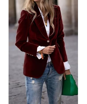 Lapel Collar One Button Blazer
  Features pockets and a single button closure
  Normal thickness
  Lined body
  Material composition: 100% polyester
  Care instructions: Machine wash cold tumble dry low
  Imported
  Sizes available: S (US 4) M (US 6/8) L (US 10/12) XL (US 14) 2XL (US 16)
  Bust measurements: S (37 inches) M (38.6 inches) L (40.9 inches) XL (43.3 inches) 2XL (45.7 inches)
  Top length measurements: S (26.8 inches) M (27.2 inches) L (27.6 inches) XL (28 inches) 2XL (28.3 inches)