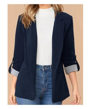 Blazer con solapa y mangas con tabulador  
Estilo básico  
Grosor normal  
Composición del material: 95% poliéster 5% spandex  
Lavable a máquina en frío, secar a baja temperatura  
Importado  
Medidas del producto: S: busto 94.2 cm, largo 69.2 cm, hombro 39.6 cm, largo de manga 59.4 cm  
Medidas del producto: M: busto 98.1 cm, largo 70.4 cm, hombro 40.6 cm, largo de manga 60.5 cm  
Medidas del producto: L: busto 104.1 cm, largo 71.4 cm, hombro 42.2 cm, largo de manga 61.5 cm  
Diseñado para mujeres