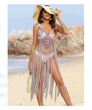 Cubierta de Tirantes Espagueti con Flecos  
  Flecos decorativos  
  Diseño transparente  
  Sin elasticidad  
  Material 100% acrílico  
  Lavar a máquina en frío, secar a baja temperatura  
  Importado  
  Tamaño único: Busto  
  Longitud superior: 29.1 pulgadas  
  41.3 pulgadas  