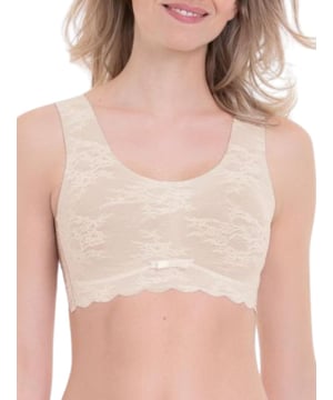 Anita Essential Lace Bralette. Non-wired soft cup bra with breathable lightly padded removable foam cups, all over stretch lace design, wide straps and a hook & eye closure. Product is recommended hand wash only.