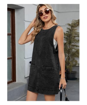 Round Neck Denim Overall Dress
  Backless design
  Pocketed
  No stretch
  Material composition: 95% rayon 5% polyester
  Care instructions: Machine wash cold tumble dry low
  Imported
  Product measurements (inches):
  Size S: US 2/4 Length 32.3 Bust 38.6 Shoulder 12.6
  Size M: US 6/8 Length 32.7 Bust 40.6 Shoulder 13
  Size L: US 10 Length 33.1 Bust 42.5 Shoulder 13.4
  Size XL: US 12 Length 33.5 Bust 44.5 Shoulder 13.8