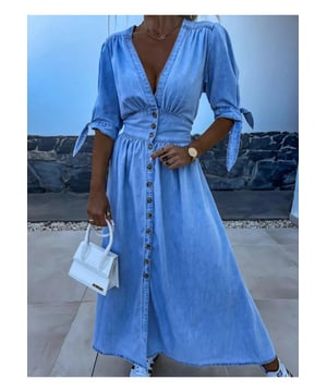 Button Front V
  Neck Half Sleeve Denim Dress
  65% cotton 35% polyester
  Buttoned front
  Tied waist
  No stretch
  Machine wash cold tumble dry low
  Imported
  Length: 49.6 inches (Small) 50 inches (Medium) 50.4 inches (Large) 50.8 inches (X
  Large)
  Shoulder: 14.6 inches (Small) 15 inches (Medium) 15.4 inches (Large) 15.7 inches (X
  Large)
  Bust: 33.9 inches (Small) 35.4 inches (Medium) 37.8 inches (Large) 40.2 inches (X
  Large)
  Sleeve Length: 12.2 inches (Small) 12.6 inches (Medium) 13 inches (Large) 13.4 inches (X
  Large)
  Waist: 27.6 inches (Small) 29.1 inches (Medium) 31.5 inches (Large) 33.9 inches (X
  Large)
Material: Denim
