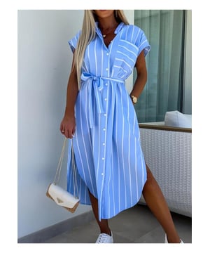 Striped Tie Waist Short Sleeve Dress
  Features tied waist buttoned front and pockets
  Made from 100% polyester
  No stretch material
  Not lined
  Machine wash cold tumble dry low
  Imported
  Available in sizes S to 2XL
  Size S: Length 46.5 inches Bust 37.8 inches
  Size M: Length 46.9 inches Bust 39.4 inches
  Size L: Length 47.2 inches Bust 41.7 inches
  Size XL: Length 47.6 inches Bust 44.1 inches
  Size 2XL: Length 48 inches Bust 46.5 inches