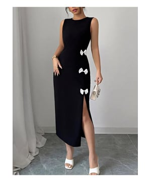 Bow Slit Round Neck Sleeveless Dress
  Features bow and slit
  Slightly stretchy fit
  95% polyester 5% spandex
  Not lined
  Machine wash cold tumble dry low
  Imported
  Size S: Length 48 inches Bust 31.5 inches Waist 26 inches
  Size M: Length 48.4 inches Bust 33.1 inches Waist 27.6 inches
  Size L: Length 48.8 inches Bust 35.4 inches Waist 29.9 inches
Material: Polyester