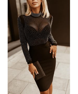 Rhinestone Mock Neck Long Sleeve Dress
  Semi
  sheer fabric
  Slightly stretchy material
  Not lined
  Material composition: 60% viscose 31% polyamide 9% elastane
  Care instructions: Machine wash cold tumble dry low
  Imported
  Product measurements in size S: Bust 29.92 in Shoulder 13.78 in Sleeve Length 22.83 in Waist 26.77 in HIP 34.65 in Length 35.63 in
  Product measurements in size M: Bust 32.28 in Shoulder 14.37 in Sleeve Length 23.23 in Waist 29.13 in HIP 37.01 in Length 36.42 in
  Product measurements in size L: Bust 34.65 in Shoulder 14.96 in Sleeve Length 23.62 in Waist 31.50 in HIP 39.37 in Length 37.20 in
  Product measurements in size XL: Bust 37.80 in Shoulder 15.94 in Sleeve Length 24.02 in Waist 34.65 in HIP 42.52 in Length 37.99 in