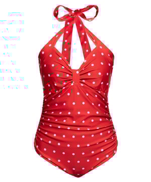 Mit diesem "Polka&Dots" Badeanzug von Queen Kerosin flanierst du Lady Like und stilecht den Strand entlang. Mit seinem typischen Vintage All-over-Print wird er zu deinem absoluten Sommer Highlight. Der Einteiler akzentuiert mit seinen Teilungsnähten und dem gerafften Mittelteil perfekt die weiblichen Kurven und setzt die feminine Silhouette charmant in Szene. Der optimale sichere Sitz entsteht durch die enge, verspielte Passform und den verstellbaren Neckholder zum Knoten, welcher den herzförmigen, gerafften Ausschnitt geschmackvoll betont. Das blickdichte, elastische Material verleiht ein angenehmes, bequemes Haut und Tragegefühl. Das Bügel lose, bequeme Dekolleté lässt sich wahlweise mit Pads ausstatten. Verleihe deiner Bademode den authentischen Rockabella Flair und gönne dir diesen Vintage Traum so lange der Vorrat reicht. Kombiniert mit unserem passenden Baderock, einer 50s Sonnenbrille und Sonnenhut verleihst du jeder Beachparty ein Stück Hollywood.  QUEEN KEROSIN: Du stehst auf Rock'n'Roll, Rockabilly, Hot Rod, Motorrad und Biker, kurz: den wilden Lifestyle der 50er Jahre in den USA. Dann ist Queen Kerosin die Marke, die am besten zu dir passt. Mit authentischen Vintage und Retro Designs mit Top Qualität kann die Kultmarke überzeugen!DESIGN: Mit diesem "Polka&Dots" Badeanzug von Queen Kerosin flanierst du Lady Like und stilecht den Strand entlang. Mit seinem typischen Vintage All-over-Print wird er zu deinem absoluten Sommer Highlight.PASSFORM: Der optimale sichere Sitz entsteht durch die enge, verspielte Passform und den verstellbaren Neckholder zum Knoten, welcher den herzförmigen, gerafften Ausschnitt geschmackvoll betont. Der Einteiler akzentuiert mit seinen Teilungsnähten und dem gerafften Mittelteil perfekt die weiblichen Kurven und setzt die feminine Silhouette charmant in Szene. Das bügel lose, bequeme Dekolleté lässt sich wahlweise mit Pads ausstatten.MATERIAL: Das blickdichte, elastische Material verleiht ein angenehmes, bequemes Haut und Tragegefühl.KOMBINATIONSMÖGLICHKEITEN: Kombiniert mit unserem passenden Baderock, einer 50´s Sonnenbrille und Sonnenhut verleihst du jeder Beachparty ein Stück Hollywood.LIEFERUMFANG: Der feminine vintage Badeanzug von Queen Kerosin ist in den Größen XS S M L XL und 2XL erhältlich