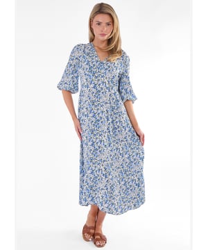 Deze Blue Floral Print Viscose Midi Dress is de perfecte aanvulling op je garderobe. Hij is gemaakt van zacht en lichtgewicht viscose en heeft een prachtige blauwe bloemenprint die perfect is voor elke gelegenheid. Comfortabel en stijlvol, deze jurk wordt vast en zeker je lievelingsstuk.