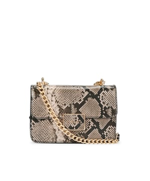 This Carvela Jessica Shoulder Bag features a snake print exterior. There is a gold branded plate on the front flap. Dimensions: 13cm (H), 19cm (L), 6cm (D). Strap length: 67cm. Strap drop: 31cm.