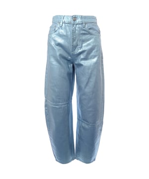 Ganni denim jeans featuring a high-rise fit, barrel-leg cut, belt loops, five pockets, metallic foil print, panelled, designer plaque at back. Partially concealed zip and button fastening at front