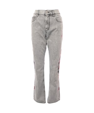 Straight-leg non-stretch denim jeans. Fading throughout. Featuring a leather logo patch at back waistband, graphic pattern embroidered at outseams and 5 pocket styling