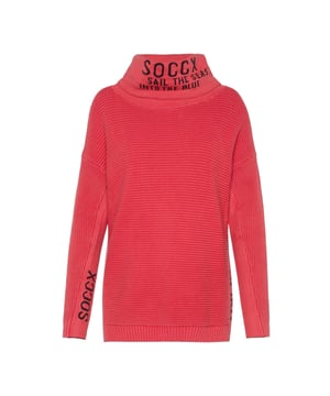 Maritieme flair straalt de coole trui voor dames van het merk SOCCX uit en hij schittert met stijlvolle extra's! De logo artworks zijn in de vorm van intarsia-breisel aan de wijde col, aan de zijkanten en de mouwen aangebracht. Het ribbreipatroon loopt horizontaal en voor een authentieke used-look zorgt de stone-wash behandeling. De trui is een perfecte denim-partner!