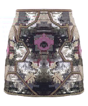 Isabel Marant embroiders this silvered Hanelis mini skirt with shimmering metallic sequins, creating a geometric floral pattern for a modern after-dark mood