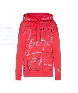 Opvallend anders! Het dameskapuzensweatshirt van het merk SOCCX krijgt door de viscosemix een stijlvolle, gladde haptiek. Een grote SOCCX-print met glitter- en glinstersteeneffecten siert de voorkant van het kapuzensweatshirt. De capuchon wordt geaccentueerd door een logo-print. Een klein SOCCX-kunstwerk siert de linkermouw.