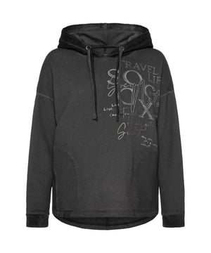 Een must-have voor op reis is deze comfortabele hoodie voor dames van het merk SOCCX. Het heeft een casual used look en speelt op een slimme manier met een ton-sur-ton materiaalmix. De capuchon, de zij-inzetten en de manchetten zijn gemaakt van zachte veloursstof. De gevoerde capuchon heeft een dubbele koord, de voorkant heeft een logo-opdruk en de achterkant heeft een langere snit. De hoodie is perfect voor die momenten - snel iets aantrekken en er goed uitzien!
