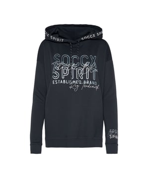 Opvallend anders! Het dameskapuzensweatshirt van het merk SOCCX krijgt door de viscosemix een stijlvolle, gladde uitstraling. Een grote SOCCX-print met glitter- en glinstereffecten siert de voorkant van het kapuzensweatshirt. De capuchon wordt geaccentueerd door een logoprint. Een klein SOCCX-artwork siert de linkerarm.