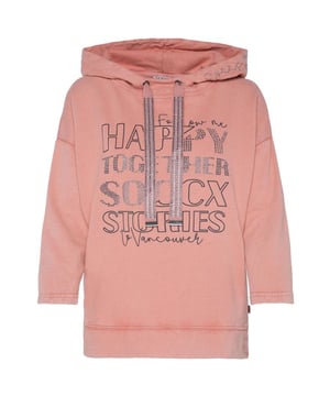In een nieuwe look presenteert het capuchonsweatshirt voor dames van het merk SOCCX zich. Het heeft een casual used-kleur en 3/4 mouwen. Glitters worden gebruikt in de artwork op de voorkant en aan de capuchon. Het sweatshirt is super comfortabel om te dragen en zorgt voor een coole casual outfit.