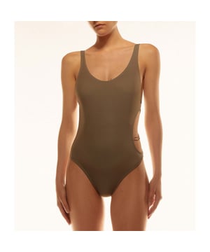 - Scoop-back silhouette.- Delicate metal Oval D chain adorns the side cut-out.- Stretch.- 85% Nylon  15% Elastane.