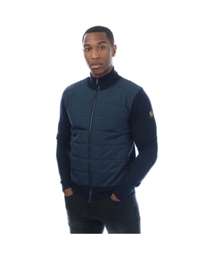 Mens Belstaff Kelbrook Zip Cardigan in navy.- Stand-up collar.- Exposed two-way zip closure with signature Belstaff zip hardware.- Ribbed collar  cuff & hem.- Quilted chest for added warmth.- Slim fit.- Body: 100% Wool. Woven: 100% Polyester.- Ref: 105303WSNVY