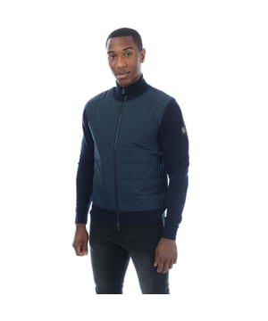 Mens Belstaff Kelbrook Zip Cardigan in navy.- Stand-up collar.- Exposed two-way zip closure with signature Belstaff zip hardware.- Ribbed collar  cuff & hem.- Quilted chest for added warmth.- Slim fit.- Body: 100% Wool. Woven: 100% Polyester.- Ref: 104410WSNVYM
