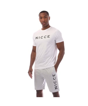 Mens Nicce Aberdeen Lounge Set in white grey.- T- Shirt:- Crewneck.- Short sleeves.- Printed logo.- Straight hem.- 100% Cotton.- Shorts:- Branded flat elasticated waistband.- Two slip pockets.- Printed branding.- 60% Cotton  40% Polyester.- Ref: NC2P131135BS2