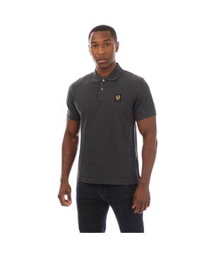 Mens Belstaff Polo Shirt in charcoal.- Ribbed collar.- Short sleeves with ribbed cuffs.- Two button placket.- Embroidered-edge Phoenix patch on the chest.- Textured cotton piqué.- Slim fit.- 100% Cotton.- Ref: 101516CHETCH