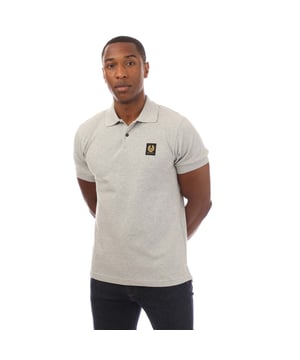 Mens Belstaff Polo Shirt in grey.- Ribbed polo collar.- Short sleeves with ribbed cuffs.- Two button placket.- Embroidered Phoenix chest patch.- 100% Cotton.- Ref: 101516ODSHR