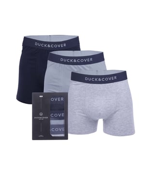 Mens Duck and Cover Sagnet 3 Pack Boxers in navy - grey- Comprises 1 pair x navy  1 pair x grey  1 pair x grey marl boxers- Crafted from comfortable stretch cotton jersey.- Elasticated waistband with contrast Duck & Cover branding.- Plain: 95% Cotton  5% Elastane.  Marl: 65% Cotton  30% Cotton  5% Elastane.  Machine washable.  - Ref: DC2T124711NGWe regret that underwear is non-returnable due to hygiene reasons.