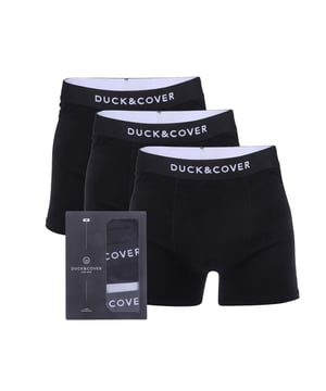 Mens Duck and Cover Sagnet 3 Pack Boxers in black- Comprises 3 pairs of black boxers- Crafted from comfortable stretch cotton jersey.- Elasticated waistband with contrast Duck & Cover branding.- Plain: 95% Cotton  5% Elastane.  Machine washable.  - Ref: DC2T124709BKWe regret that underwear is non-returnable due to hygiene reasons.