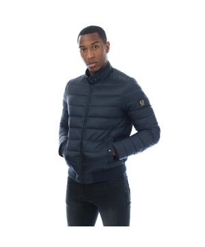 Mens Belstaff Circuit Jacket in dark ink.- Stand collar with adjustable throat latch.- Centre front zip closure.- Elasticated inner cuffs.- Rib at hem with racked stitch detailing.- Belstaff phoenix patch on left sleeve.- Two multi-stitch side pockets and one inside pocket with press-stud closures.- High-density  water-repellent nylon fabric.- High warmth to weight ratio.- Lightweight and compressible.- 750 fill power down.- 100% RDS certified down and feather.- Shell: 100% polyamide  Lining: 100% polyamide.  Filling: 90% white duck down  10% white duck feather.  Rib: 90% cotton  8% polyester  2% elastane.  Machine washable.- Ref: 105293DKINK