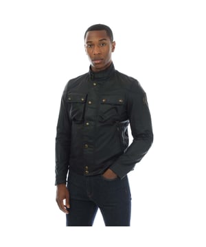 Mens Belstaff Waxed Cotton Racemaster Jacket in black.- Stand collar with adjustable throat latch.- Snap front placket and zip closure.- Two bellows chest pockets and two side zip pockets.- Reinforced shoulder and elbow panels and underarm ventilation.- 6 oz. waxed cotton with a proprietary blend of micro and technical waxes- Water and wind repellent.- Signature Belstaff cotton twill lining- Corduroy lining at the collar  cuffs and hem- Exterior: 100% Cotton.- Body lining: 100% Cotton. Sleeve lining: 100% Viscose.- Clean in professional care centre - Ref: 100031BLACK