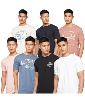 Mens Crosshatch Rapmoore 7 Pack T-ShirtsBehold this collection of seven distinguished men's cotton tees. Crafted with care  each tee showcases a seamlessly integrated inner back neck tape and a unique graphic print on the chest.- Ribbed crew neck- Short sleeves- 100% Cotton.  Machine washable.- Ref: CH2A122990ASSTK