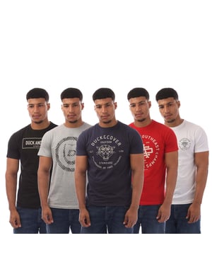 Mens Duck and Cover 5 Pack of Belvadier T- Shirts in multi colour.- Crew neck.- Short sleeves.- Printed branding.- Regular fit.- 5 pack.- 100% Cotton.- Ref: DC2A124117AS