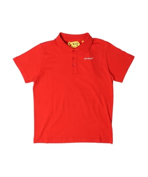Juniors Off White Rubber Arrow Polo Shirt in red white.- Ribbed polo collar.- Three button placket.- Off-white logo in white at front.- Rubber arrow at back.- 100% Cotton.- Ref: OBGB0010012501