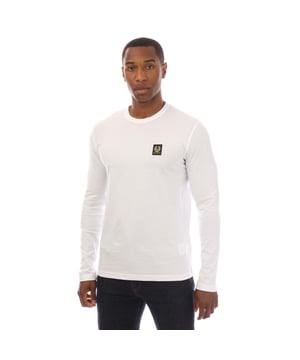 Mens Belstaff Cotton Jersey Long Sleeve T-Shirt in white.- Crew neck.- Long sleeves.- Belstaff logo patch at left chest.- Soft  lightweight cotton jersey.- Slim fit.- 100% Cotton. Machine washable.- Ref: 100054WHITE