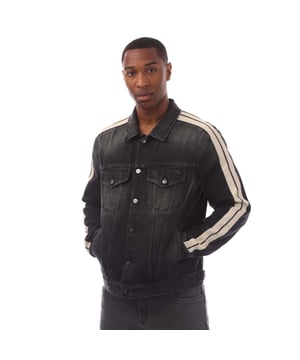 Palm Angels Black Wash Denim Track Jacket in black-white.- Classic collar.- Full button fastening.- Chest pockets.- Side pockets.- White stripe details at sleeve.- Buttoned cuffs.- Black logo patch to rear.- Straight hem.- 100% Cotton.- Ref: PMYE0290021001