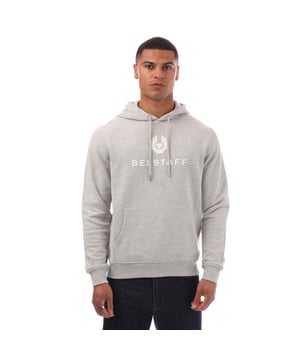 Mens Belstaff Signature Hoodie in old silver heather.- Drawcord-adjustable hood.- Long sleeves.- Kangaroo style pocket to front.- Phoenix logo on the chest.- Ribbed cuffs and hem.- Soft cotton loopback fleece- Regular fit.- Body: 100% Cotton.  Hood Lining: 100% Cotton.  Rib: 98% Cotton  2% Elastane.  Machine washable.- Ref: 104140ODSHR