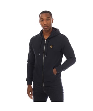 Mens Belstaff Cotton Fleece Full Zip Hoodie in dark ink.- Grown-on hood with adjustable pullers.- Exposed centre front zip closure.- Long sleeves.- Front pouch pockets.- Signature Belstaff phoenix patch at left chest.- Ribbed cuffs and hem.- Soft cotton loopback jersey fleece- Regular fit.- Body: 100% Cotton.  Hood Lining: 100% Cotton.  Rib: 98% Cotton  2% Elastane.  Machine washable.- Ref: 100051DKINK