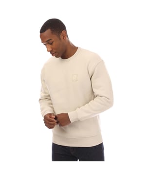 Mens Belstaff Heavyweight Cotton Fleece Hockley Sweatshirt in moonbeam.- Ribbed crew neck.- V-stitch detailing at the collar.- Long sleeves.- Embroidered tonal Phoenix logo patch at left chest.- Ribbed cuffs  side panels and hem.- Heavyweight  knitted brushed loopback cotton fleece - Regular fit.- Body: 100% Cotton.  Rib: 98% Cotton  2% Elastane.  Machine washable.- Ref: 104464MONBM