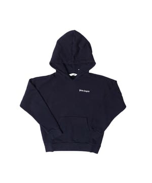 Juniors Palm Angels Classic Over Logo Hoodie in navy-white.- Hooded.- Kangaroo pocket.- Palm Angels logo printed at front.- Curved logo puff print in white at back.- Oversize fit.- 100% Cotton.- Ref: PBBB0020014601